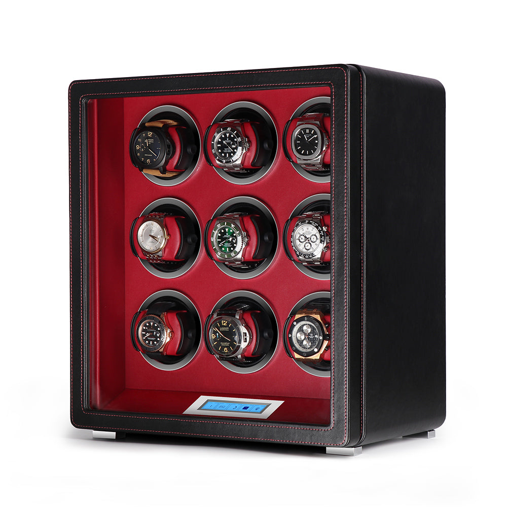 9 Watch Winder in Smooth Black Leather Finish by Aevitas UK - Swiss Watch Store UK