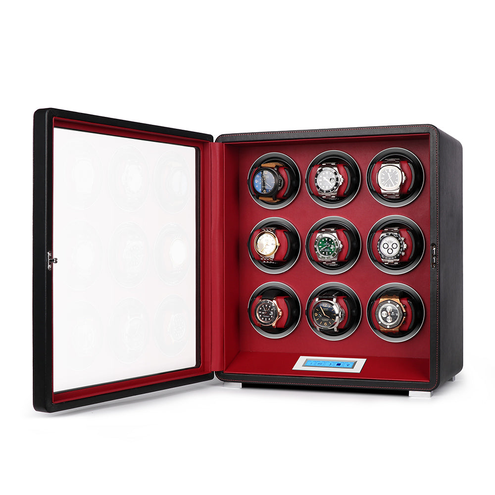 9 Watch Winder in Smooth Black Leather Finish by Aevitas UK - Swiss Watch Store UK