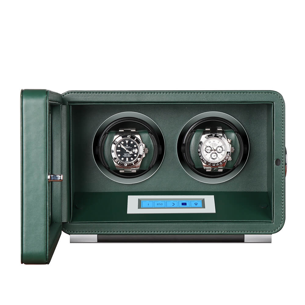 Automatic 2 Watch Winder in Dark Green Smooth Leather Finish by Aevitas - Swiss Watch Store UK