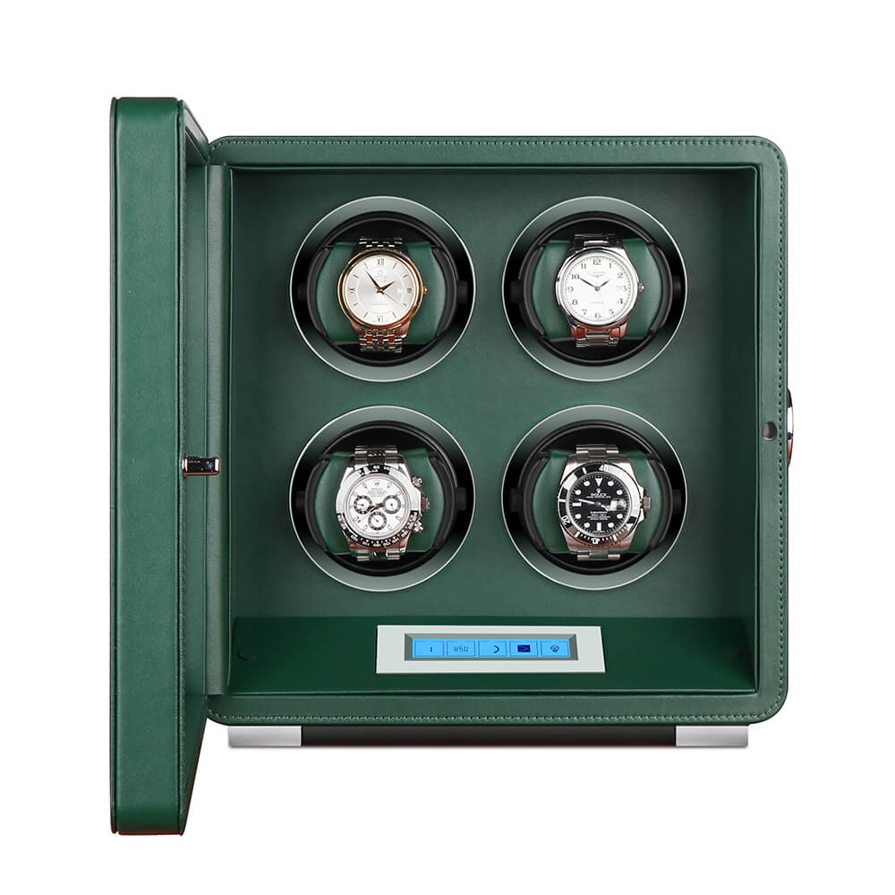 Automatic 4 Watch Winder in Dark Green Smooth Leather Finish by Aevitas