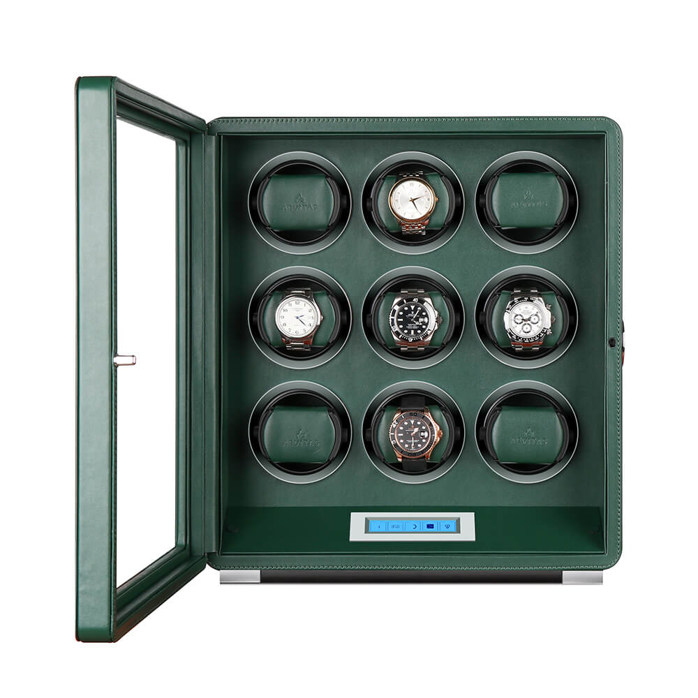 Automatic 9 Watch Winder in Dark Green Smooth Leather Finish by Aevitas