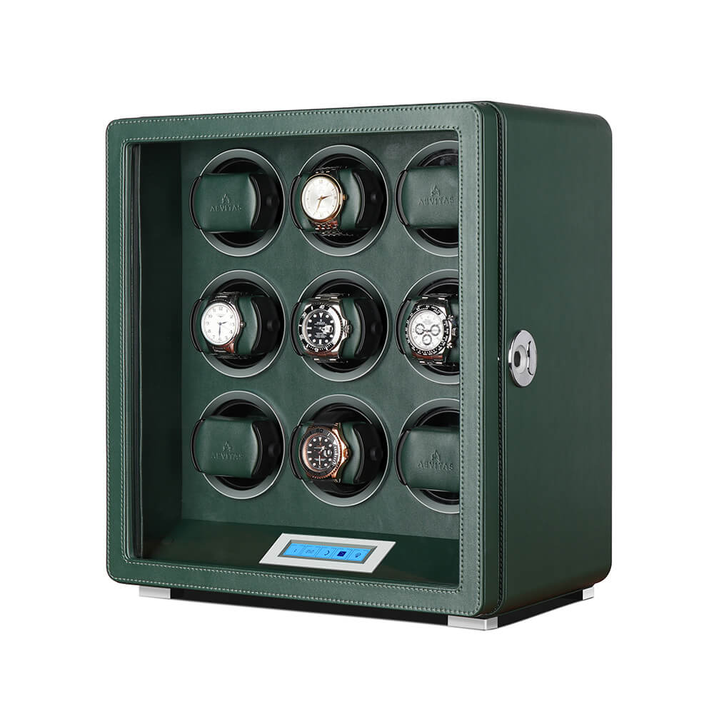 Automatic 9 Watch Winder in Dark Green Smooth Leather Finish by Aevitas