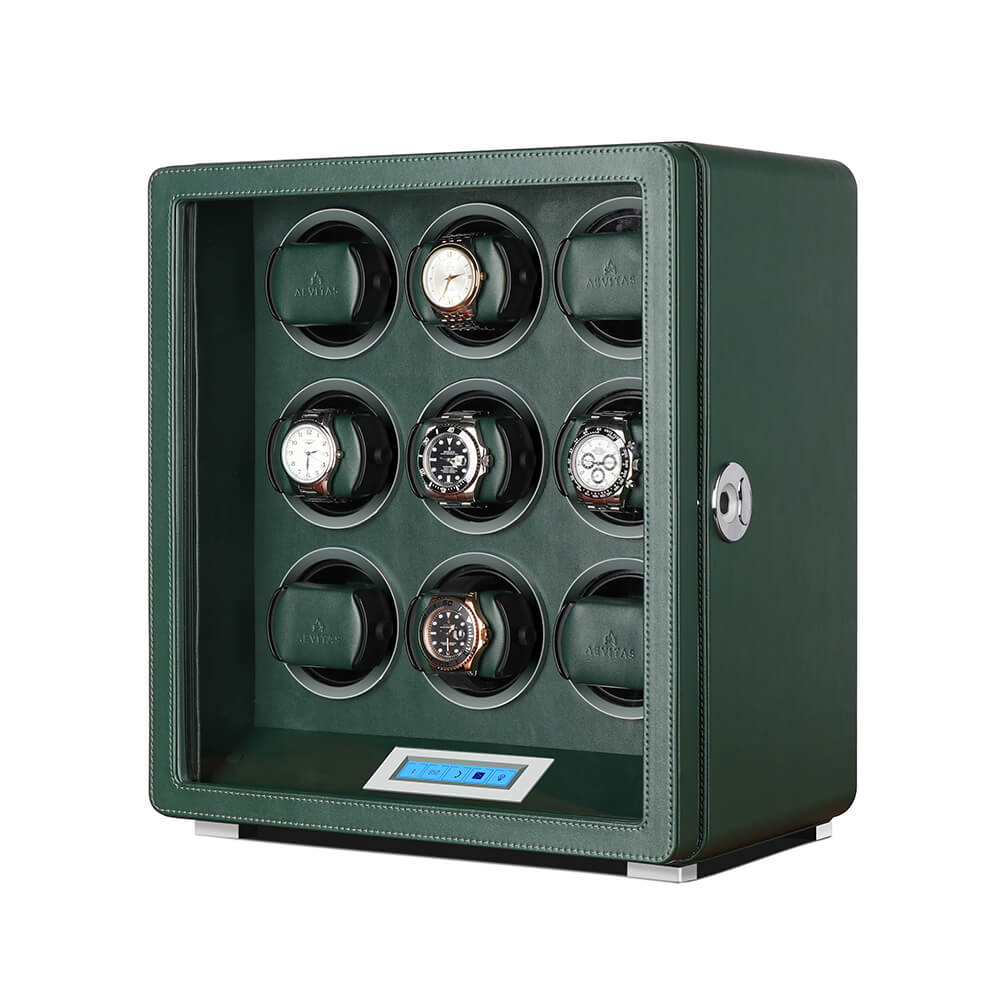 Automatic 9 Watch Winder in Dark Green Smooth Leather Finish by Aevitas - Swiss Watch Store UK