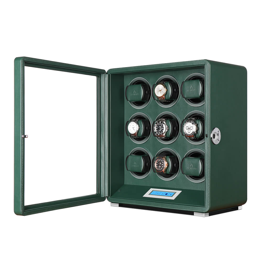 Automatic 9 Watch Winder in Dark Green Smooth Leather Finish by Aevitas - Swiss Watch Store UK