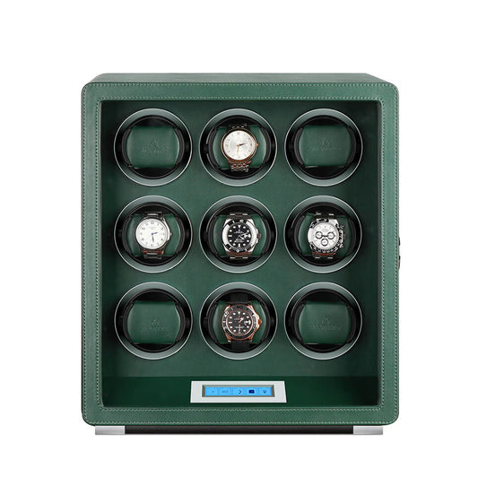 Automatic 9 Watch Winder in Dark Green Smooth Leather Finish by Aevitas - Swiss Watch Store UK