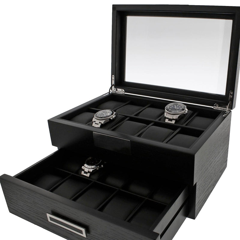 Black Oak Wooden Veneer Watch Box for 20 Watches by Aevitas - Swiss Watch Store UK