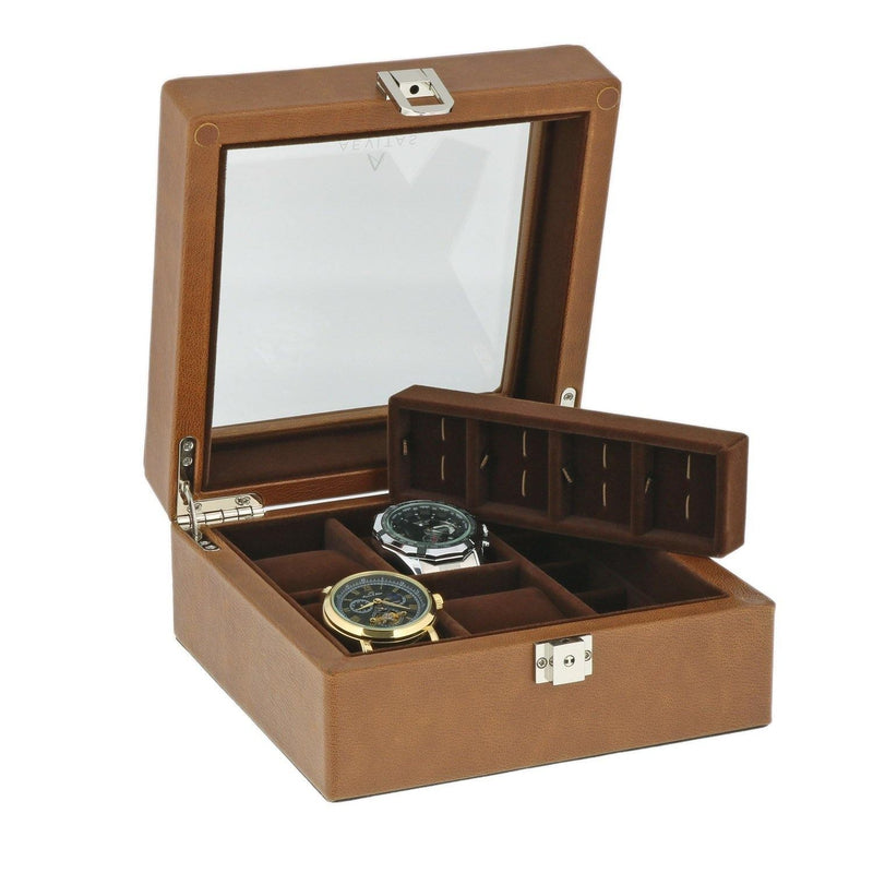 Brown Leather 4 Watch and Cufflink Box Brown Velvet Lining by Aevitas - Swiss Watch Store UK