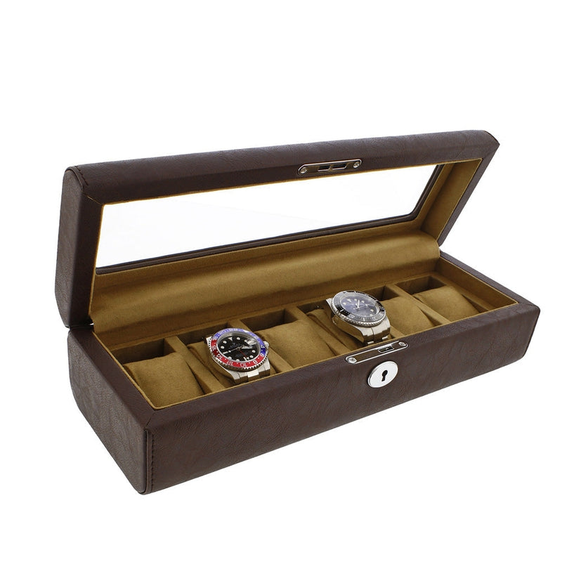 Brown Leather 6 Watch Box with Glass Lid Premium Quality by Aevitas - Swiss Watch Store UK