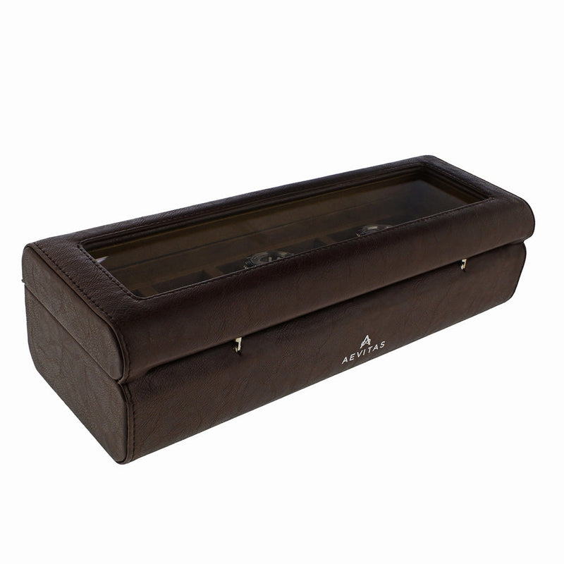 Brown Leather 6 Watch Box with Glass Lid Premium Quality by Aevitas - Swiss Watch Store UK