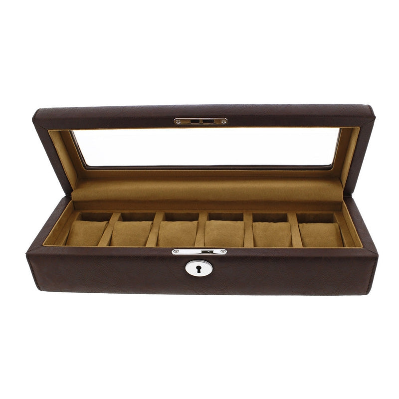 Brown Leather 6 Watch Box with Glass Lid Premium Quality by Aevitas - Swiss Watch Store UK