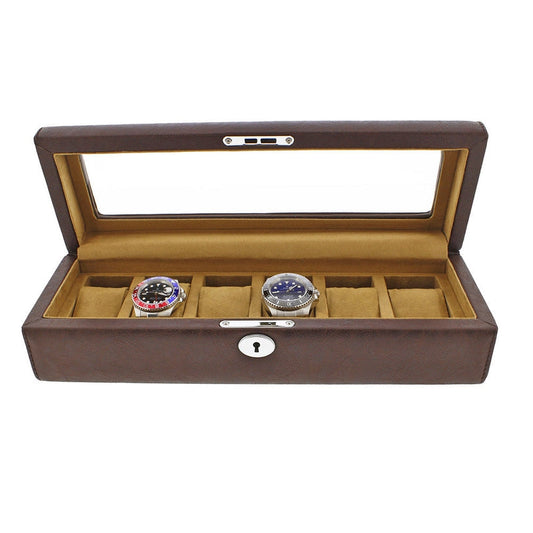 Brown Leather 6 Watch Box with Glass Lid Premium Quality by Aevitas