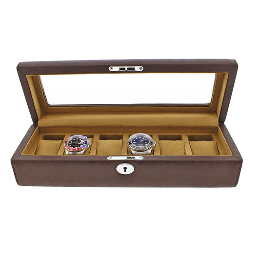 Brown Leather 6 Watch Box with Glass Lid Premium Quality by Aevitas - Swiss Watch Store UK
