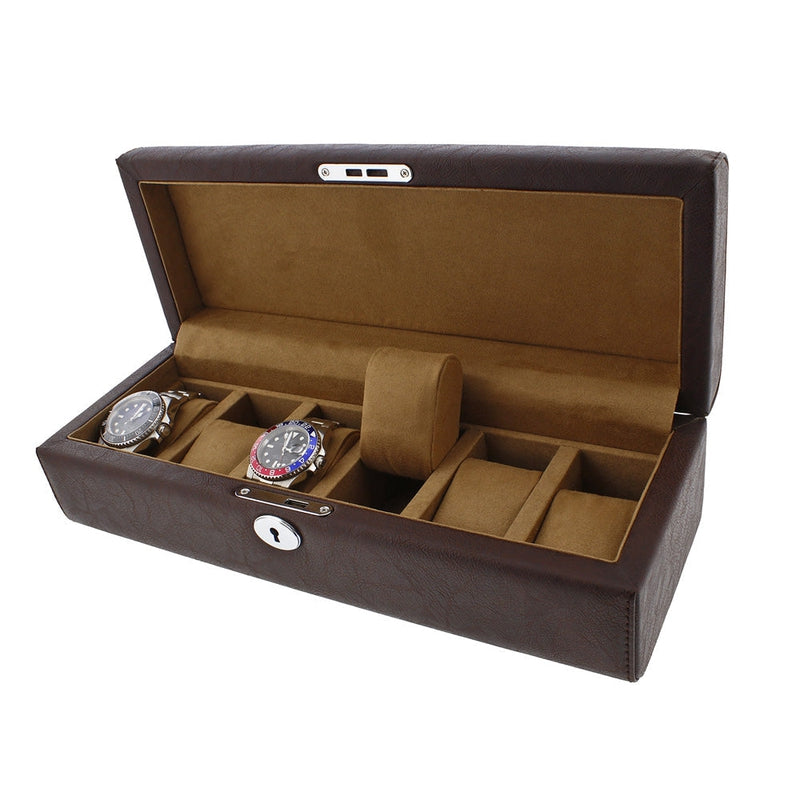 Brown Leather 6 Watch Box with Solid Lid Premium Quality by Aevitas