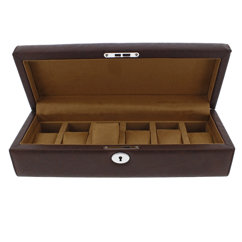 Brown Leather 6 Watch Box with Solid Lid Premium Quality by Aevitas