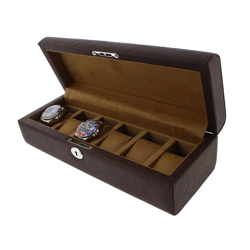 Brown Leather 6 Watch Box with Solid Lid Premium Quality by Aevitas