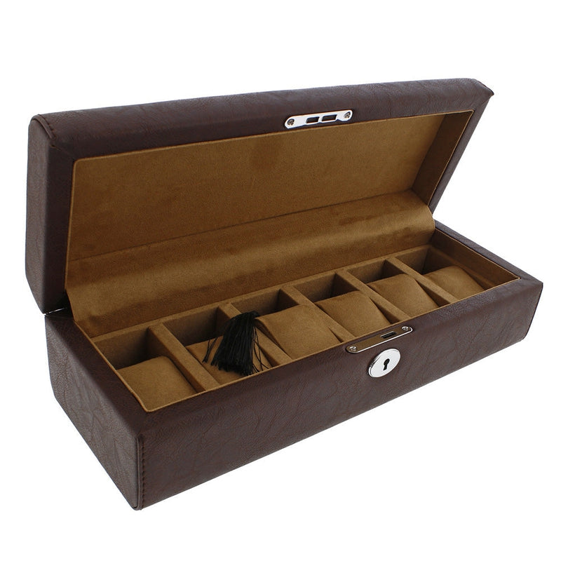 Brown Leather 6 Watch Box with Solid Lid Premium Quality by Aevitas