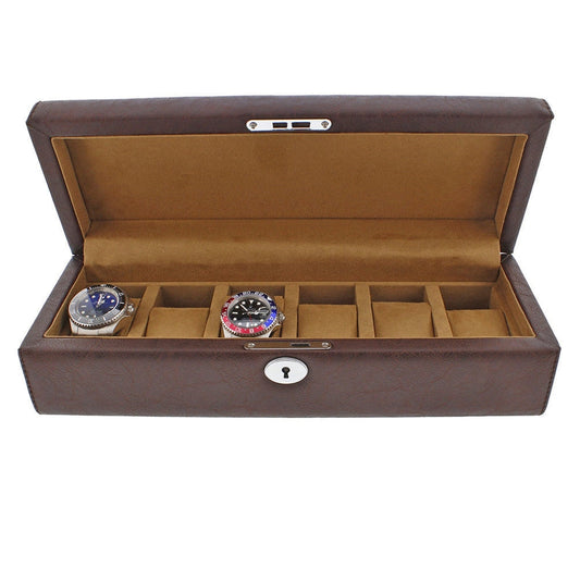 Brown Leather 6 Watch Box with Solid Lid Premium Quality by Aevitas - Swiss Watch Store UK