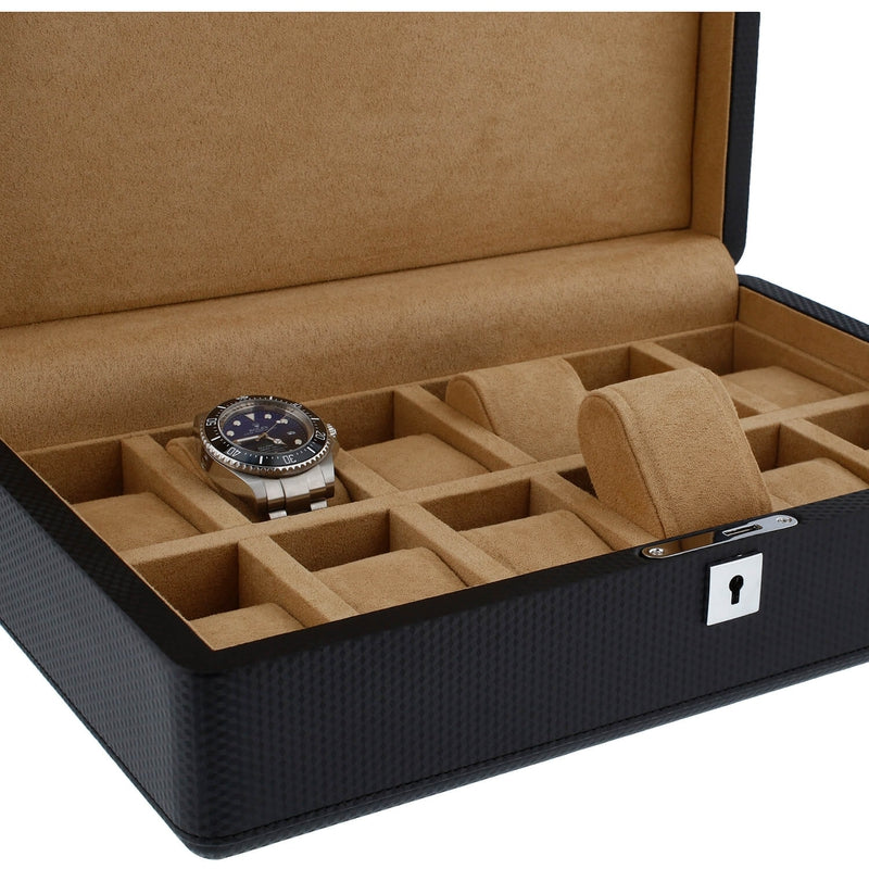 Carbon Fibre Leather Watch Box Premium Quality 12 Watches by Aevitas - Swiss Watch Store UK