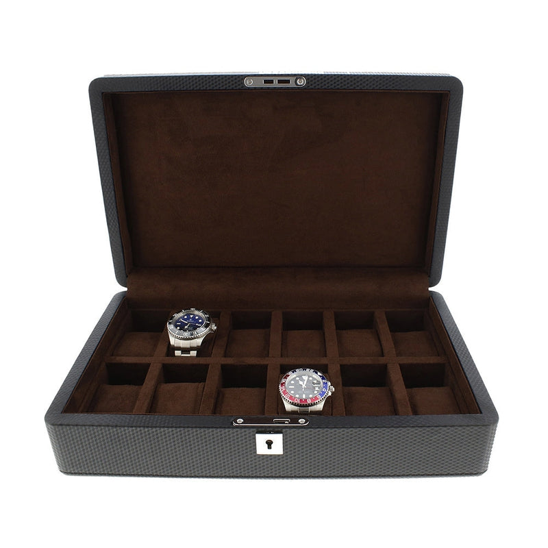 Carbon Fibre Leather Watch Box Premium Quality 12 Watches by Aevitas - Swiss Watch Store UK