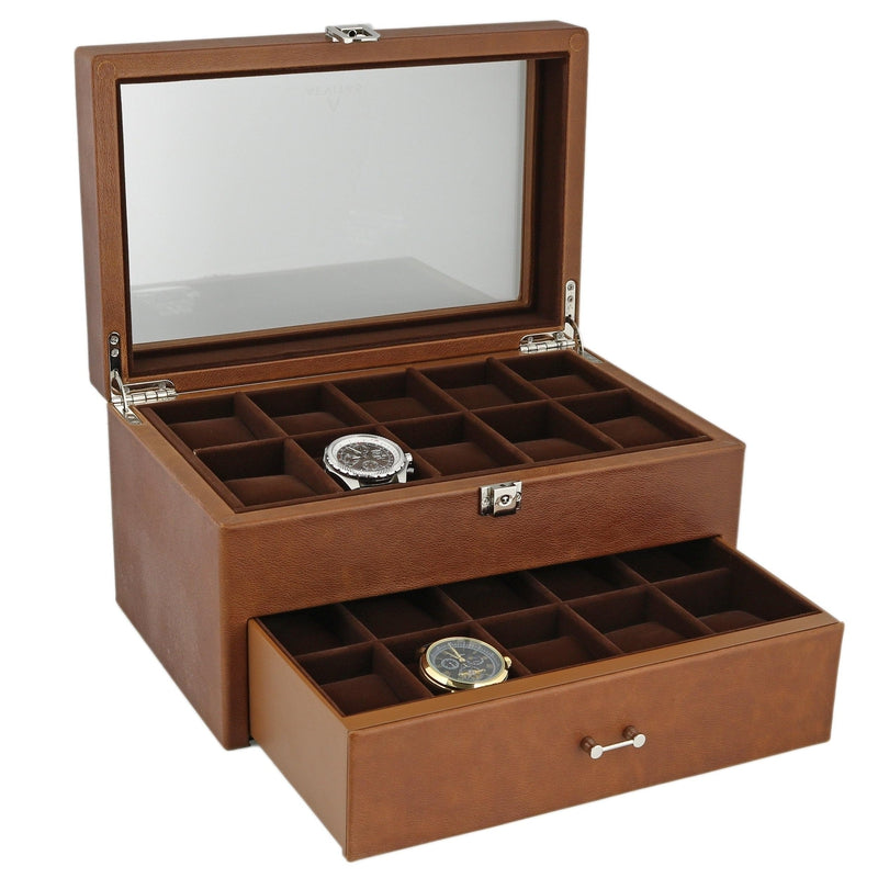 Cognac Brown Genuine Leather 20 Watch Box with Drawer by Aevitas - Swiss Watch Store UK