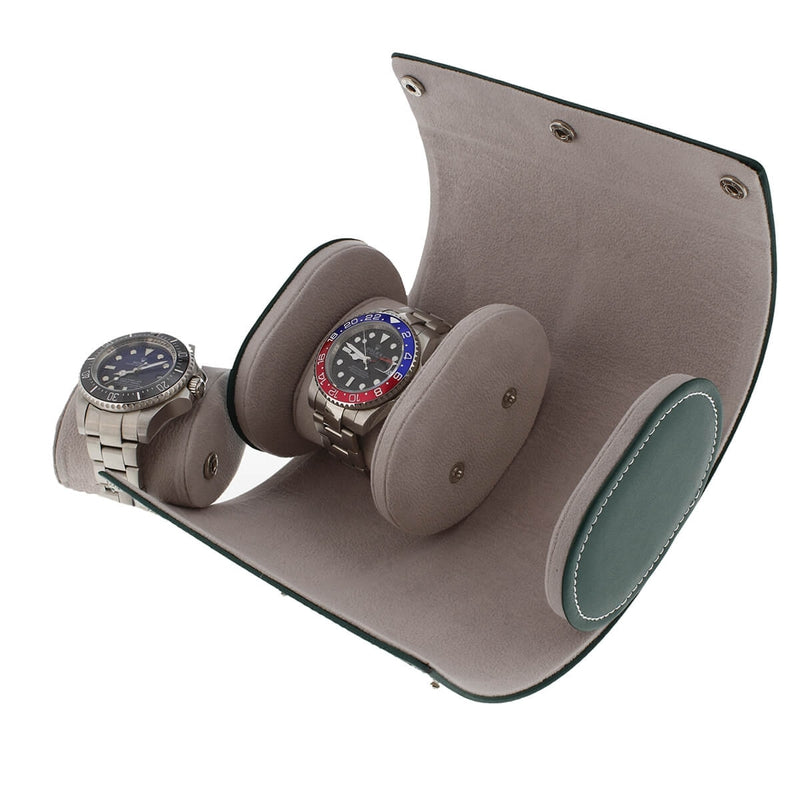Double Watch Roll in Green Leather with Super Soft Lining