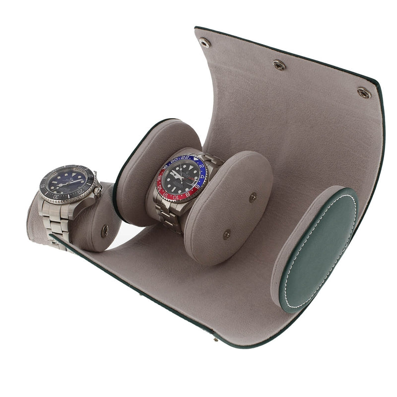 Double Watch Roll in Green Leather with Super Soft Lining - Swiss Watch Store UK