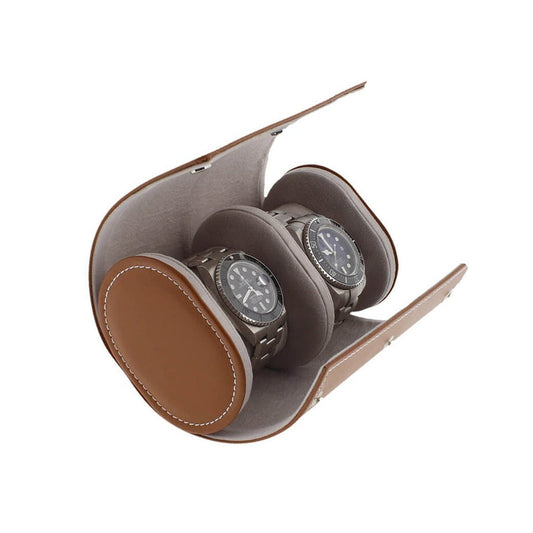 Double Watch Roll in Medium Brown Leather with Super Soft Lining