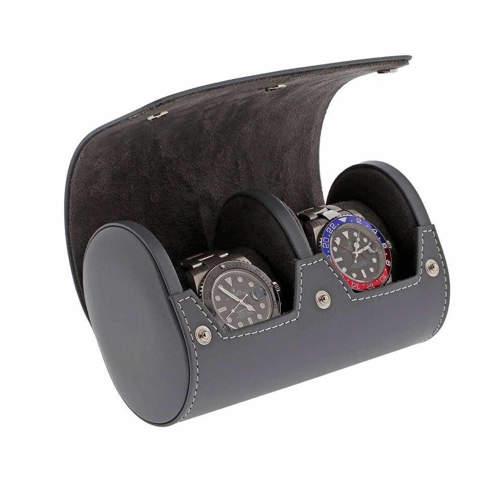 Double Watch Roll in Smooth Grey Leather with Super Soft Lining