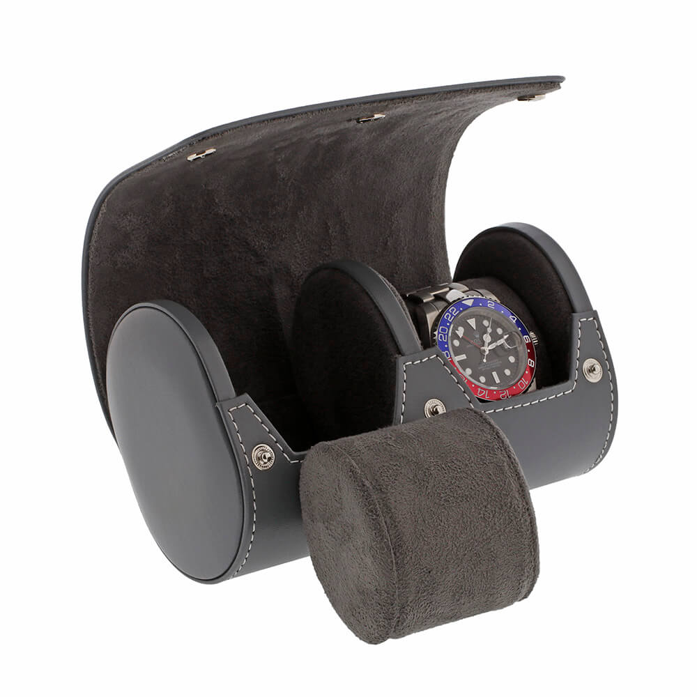 Double Watch Roll in Smooth Grey Leather with Super Soft Lining - Swiss Watch Store UK