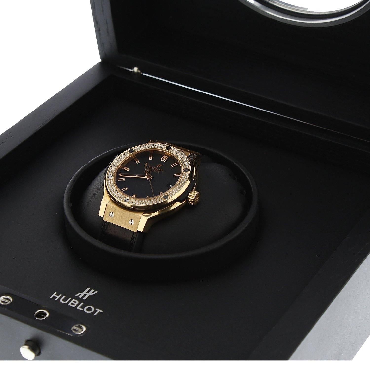 Hublot Classic Fusion Rose Gold with Diamond Bezel On Black Crocodile Strap 561.PX.1180.LR.1104