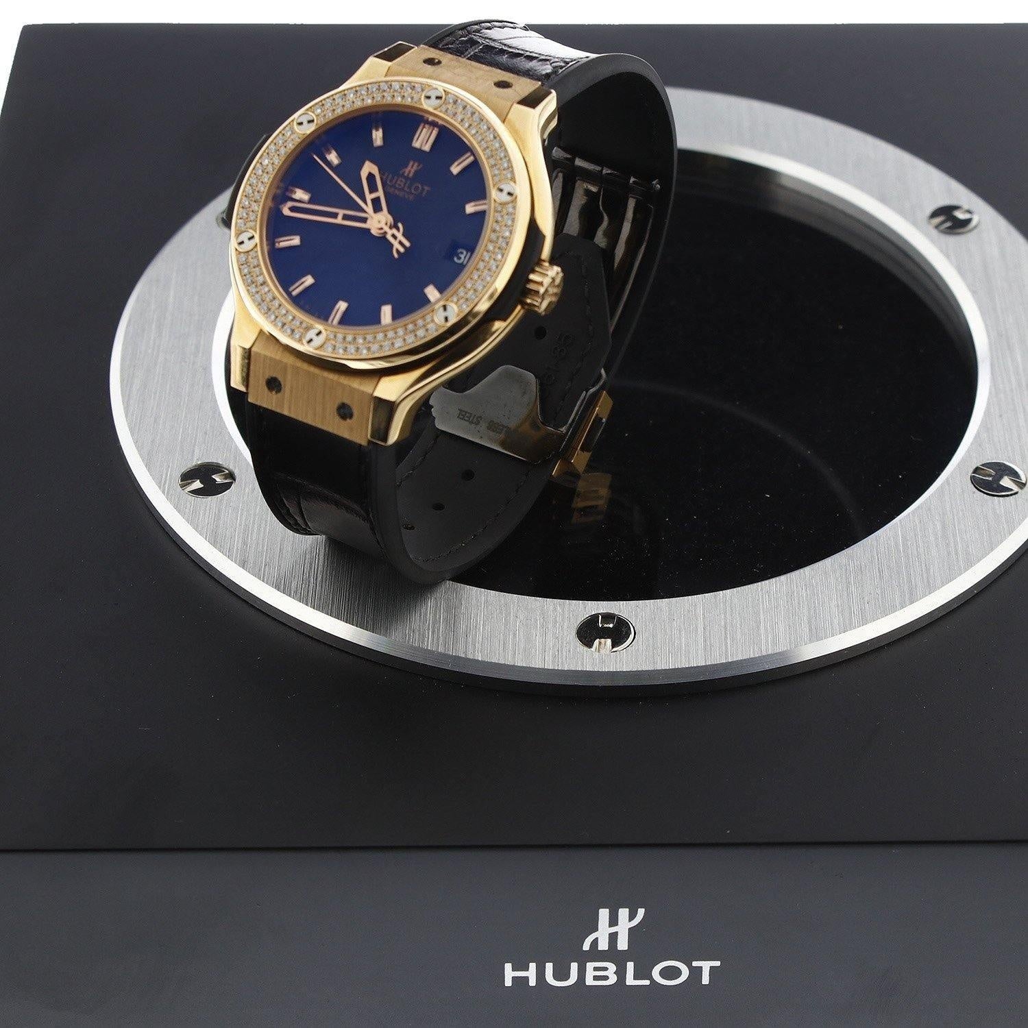 Hublot Classic Fusion Rose Gold with Diamond Bezel On Black Crocodile Strap 561.PX.1180.LR.1104 - Swiss Watch Store UK