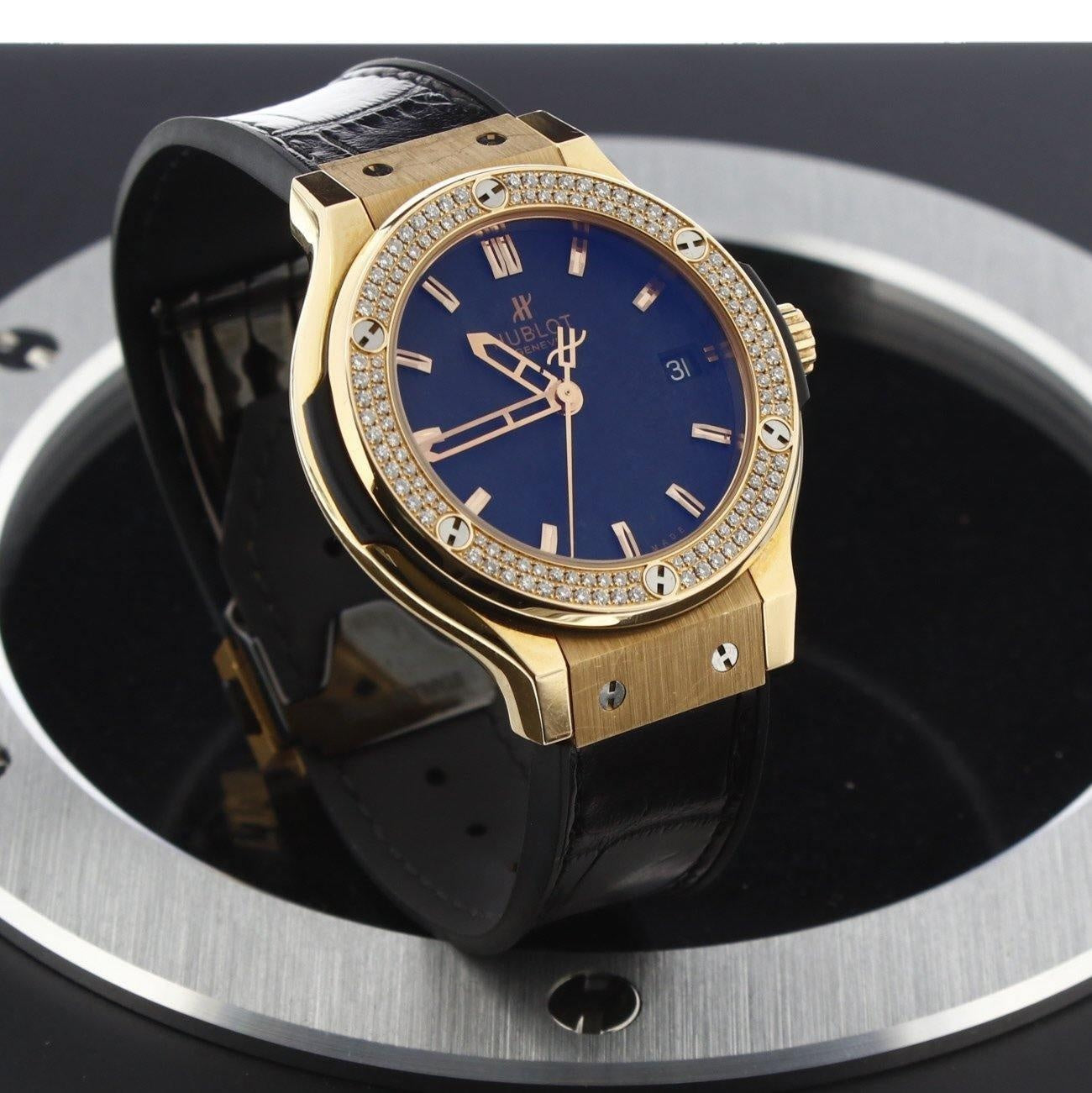 Hublot Classic Fusion Rose Gold with Diamond Bezel On Black Crocodile Strap 561.PX.1180.LR.1104