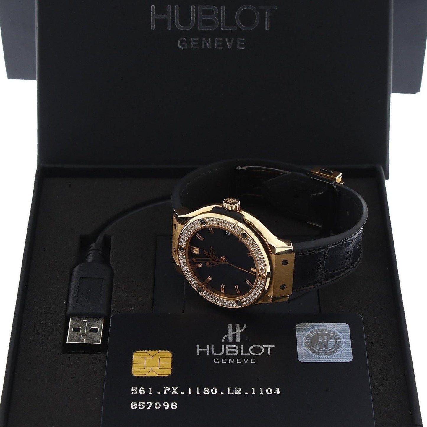 Hublot Classic Fusion Rose Gold with Diamond Bezel On Black Crocodile Strap 561.PX.1180.LR.1104 - Swiss Watch Store UK