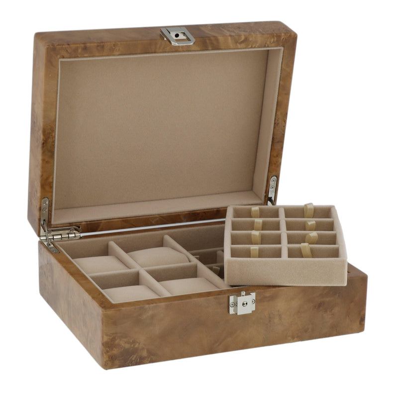 Light Burl Walnut Solid Top Collectors Box for 4 Watches and 16 Pair Cufflinks by Aevitas