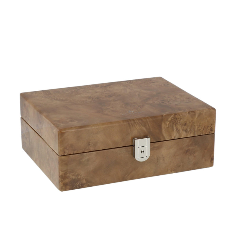 Light Burl Walnut Solid Top Collectors Box for 4 Watches and 16 Pair Cufflinks by Aevitas