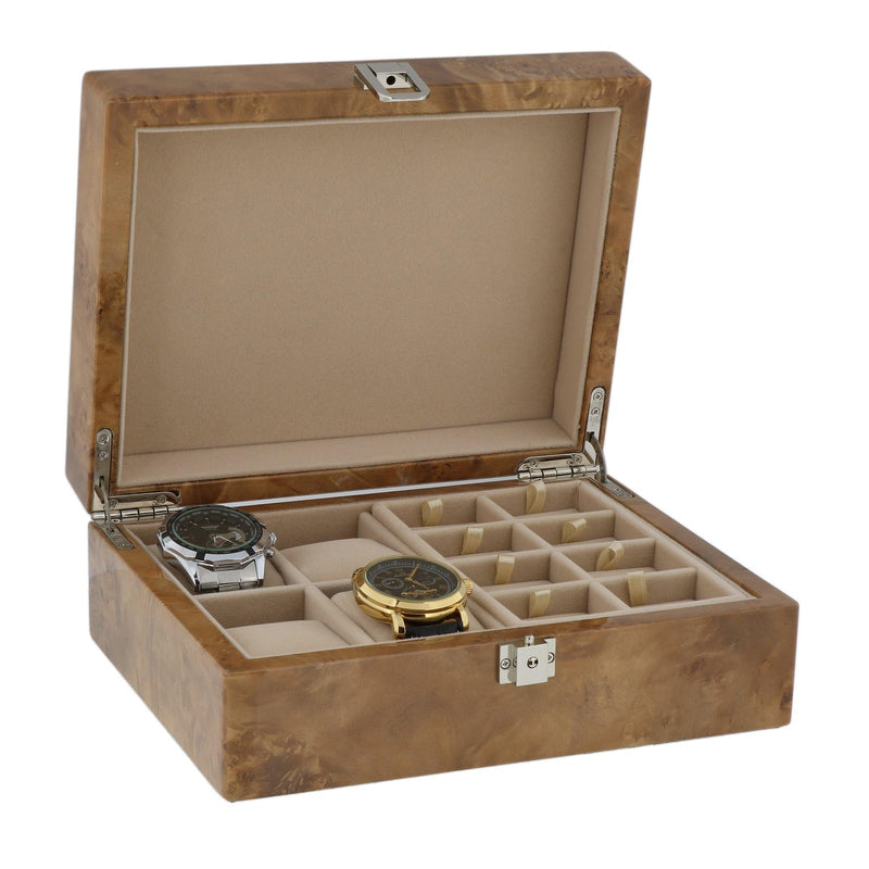 Light Burl Walnut Solid Top Collectors Box for 4 Watches and 16 Pair Cufflinks by Aevitas - Swiss Watch Store UK