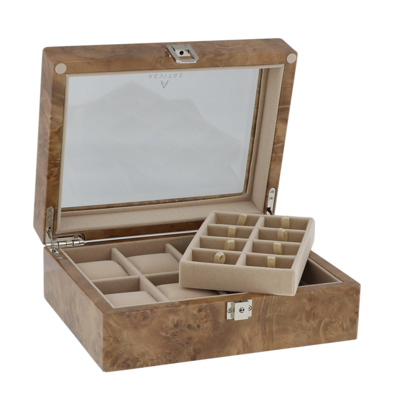Light Burl Walnut Wood Collectors Box for 4 Watches and 16 Pair Cufflinks by Aevitas
