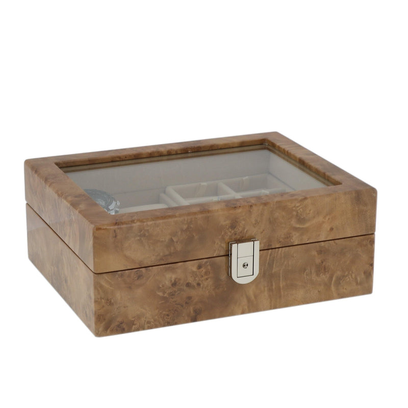 Light Burl Walnut Wood Collectors Box for 4 Watches and 16 Pair Cufflinks by Aevitas