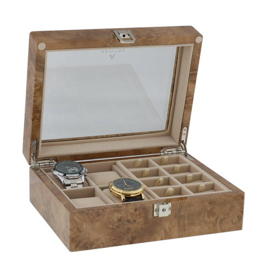 Light Burl Walnut Wood Collectors Box for 4 Watches and 16 Pair Cufflinks by Aevitas - Swiss Watch Store UK