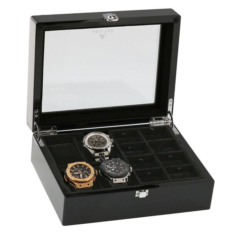 Piano Black Wooden Watch Collectors Box for 4 Watches  and 16 Pair Cufflinks by Aevitas - Swiss Watch Store UK
