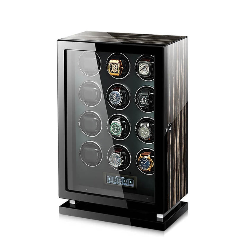 Premium 12 Watch Winder in Zebrano Ebony Wood Piano Lacquer by Aevitas - Swiss Watch Store UK