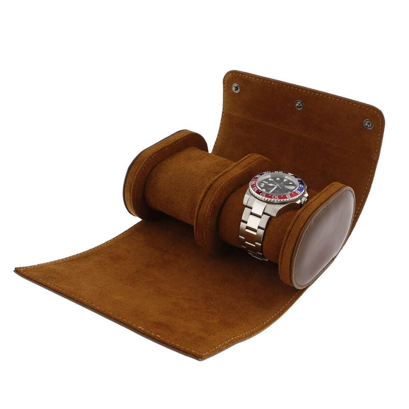 Premium Double Watch Roll Brown Leather Super Soft Tan Suede Lining - Swiss Watch Store UK