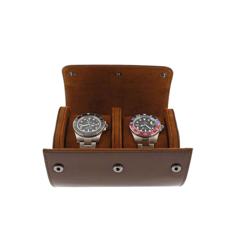 Premium Double Watch Roll Brown Leather Super Soft Tan Suede Lining - Swiss Watch Store UK