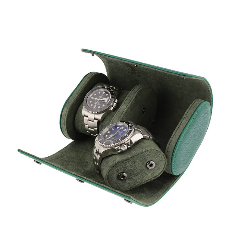 Premium Double Watch Roll Green Leather with Super Soft Suede Lining - Swiss Watch Store UK
