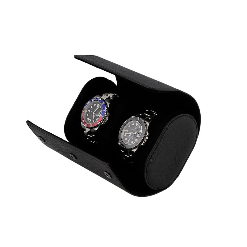Premium Double Watch Roll in Black Saffiano Leather Super Soft Black Lining