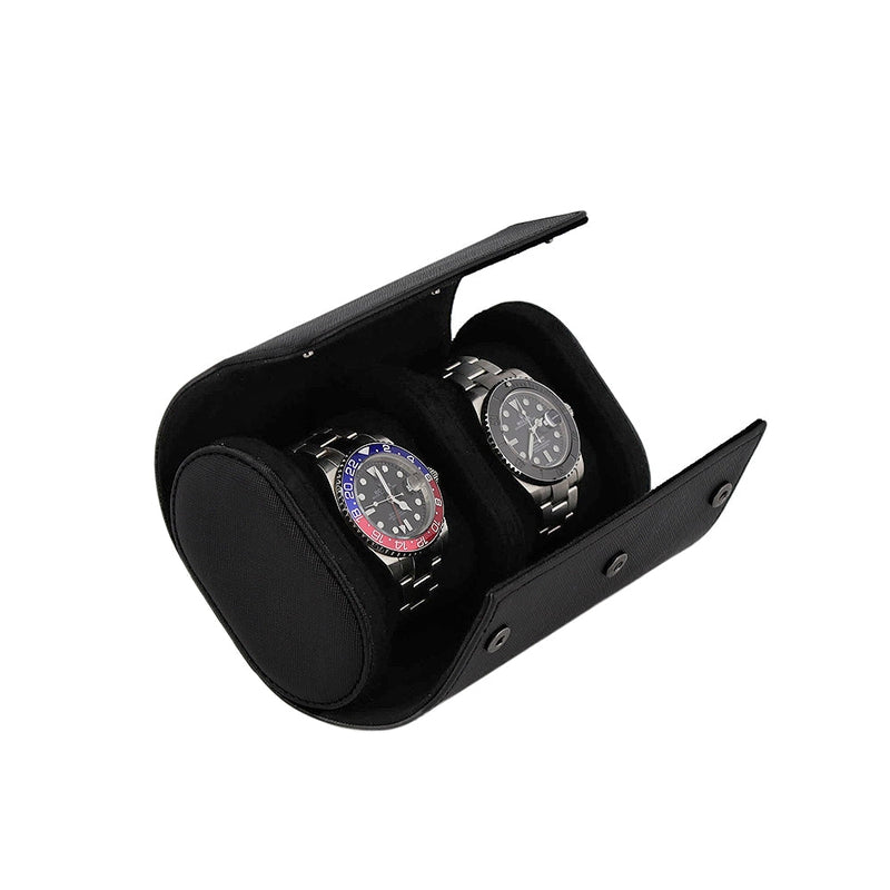 Premium Double Watch Roll in Black Saffiano Leather Super Soft Black Lining - Swiss Watch Store UK