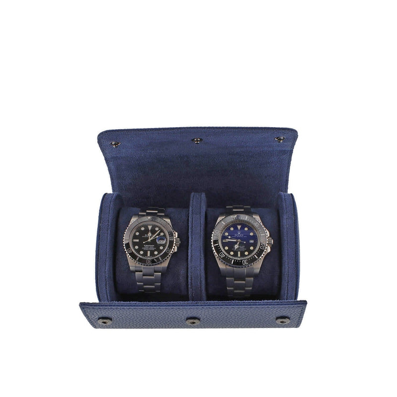 Premium Double Watch Roll in Blue Leather with Super Soft Suede Lining - Swiss Watch Store UK