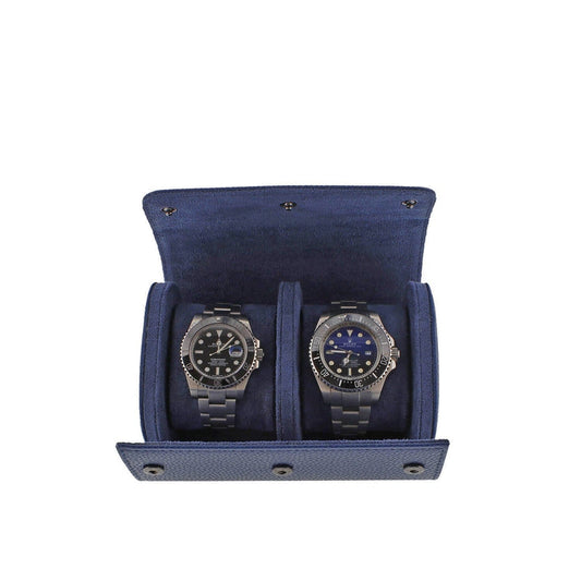 Premium Double Watch Roll in Blue Leather with Super Soft Suede Lining - Swiss Watch Store UK