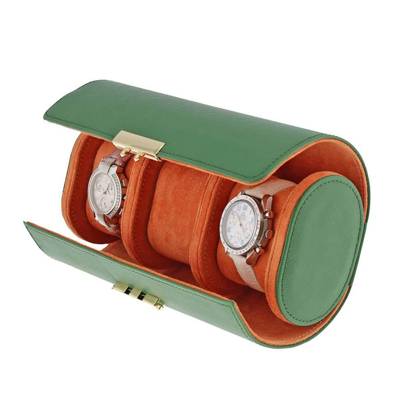 Premium Ladies 3 Watch Roll in Emerald Green Saffiano Leather Soft Orange Lining - Swiss Watch Store UK