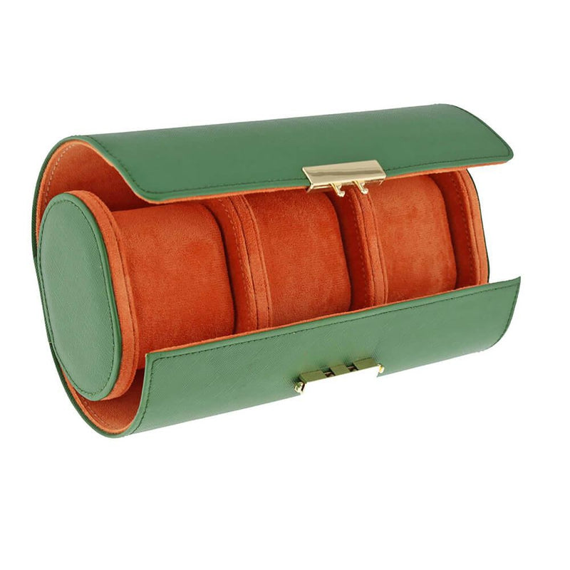 Premium Ladies 3 Watch Roll in Emerald Green Saffiano Leather Soft Orange Lining